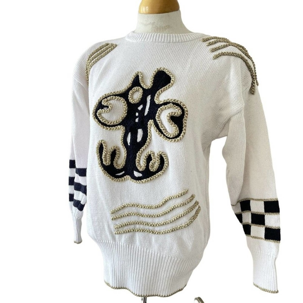 Madeleine Sweater Nautical Golden Rope Shoulder Pad White Vintage Sz Small 36/38